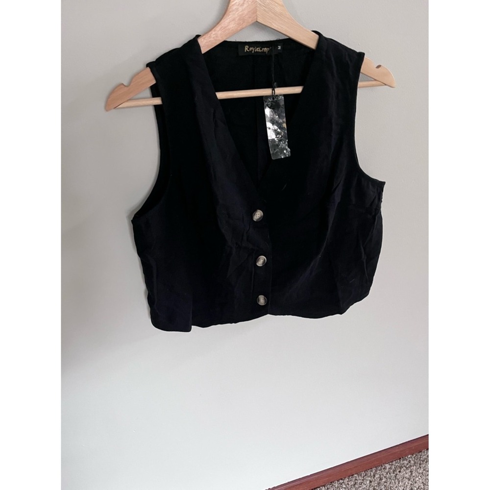 Royiamp Black Button Down Cropped Vest V-Neck Tailored Waistcoat NWT Size Medium